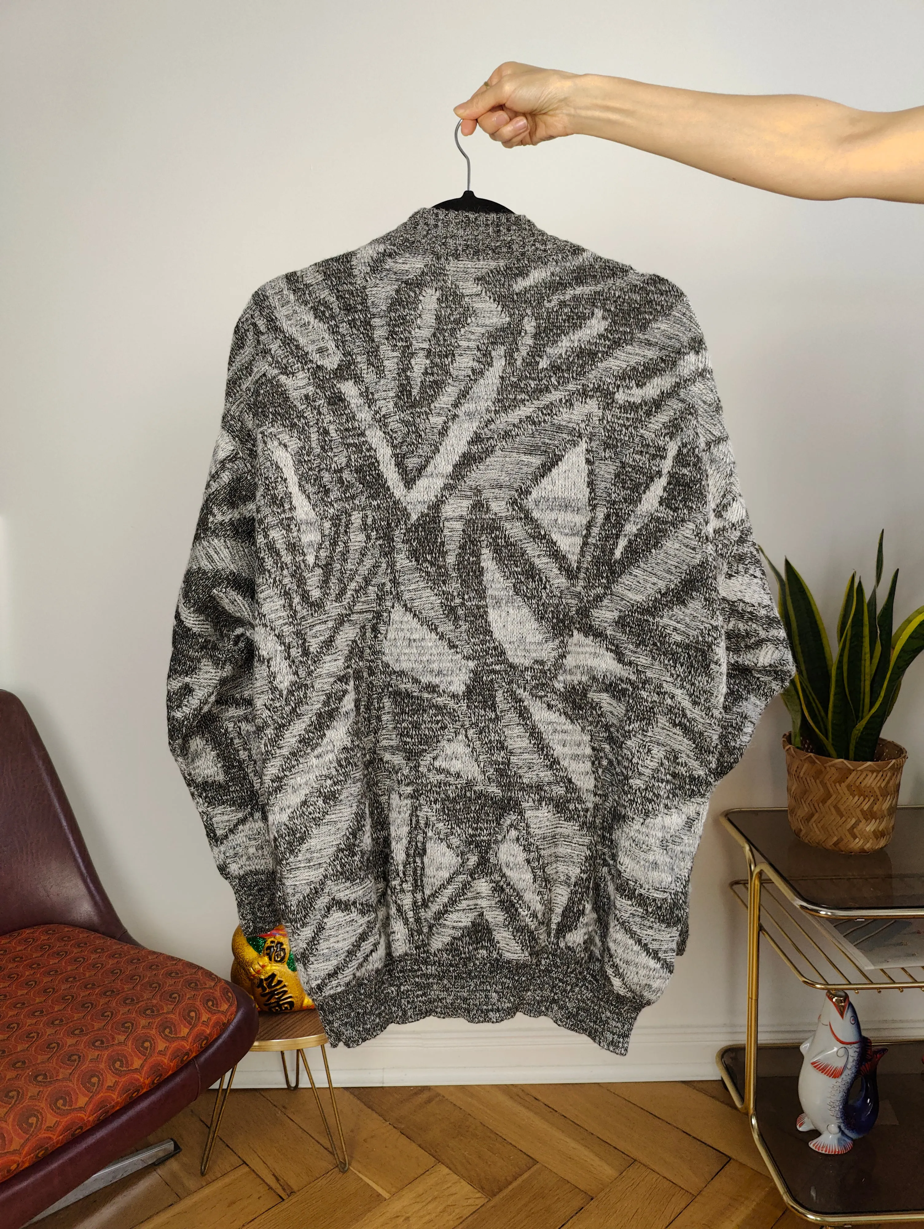 Vintage wool cardigan L XL | grey pattern knit knitted jacket women unisex men