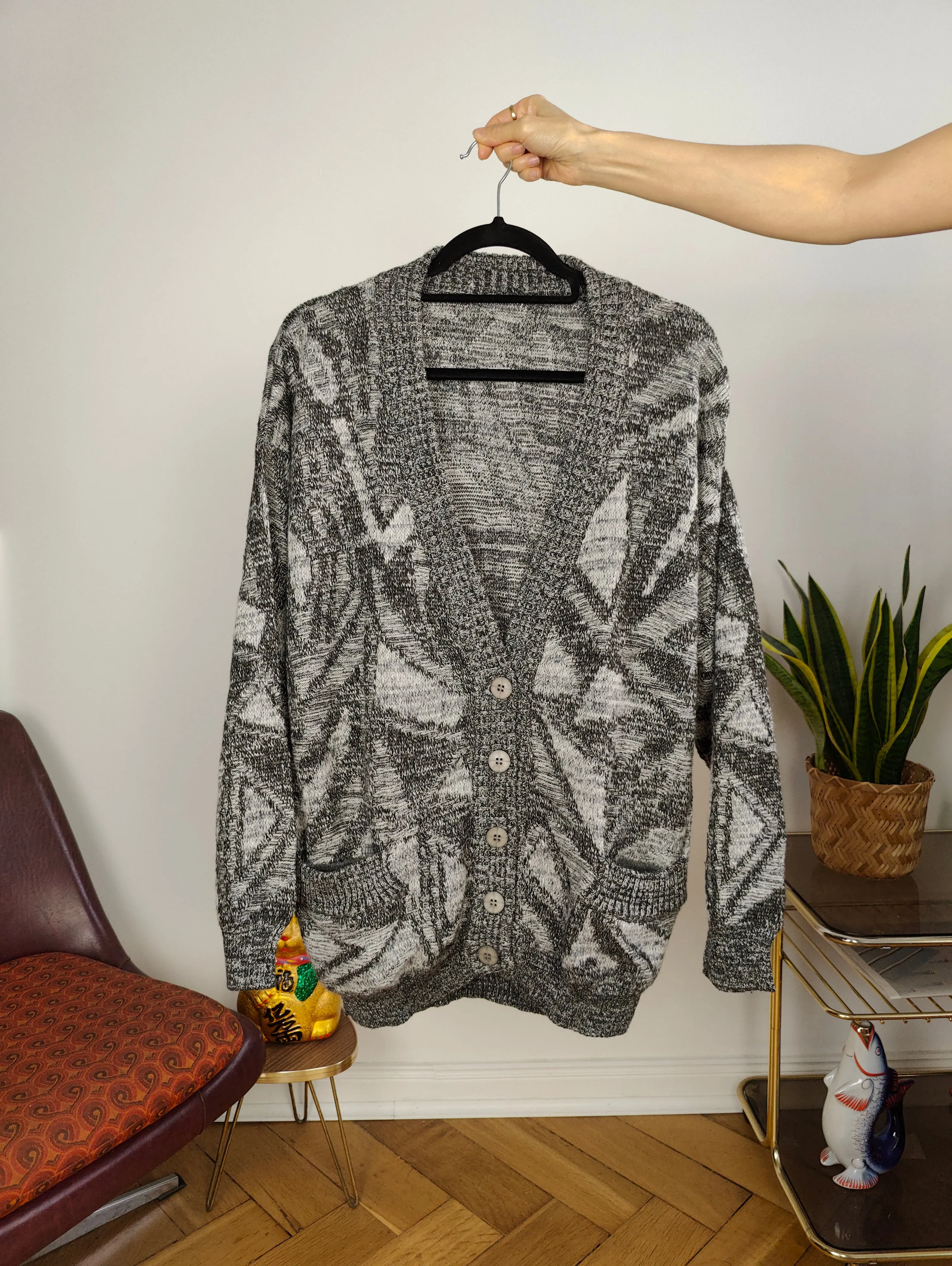 Vintage wool cardigan L XL | grey pattern knit knitted jacket women unisex men