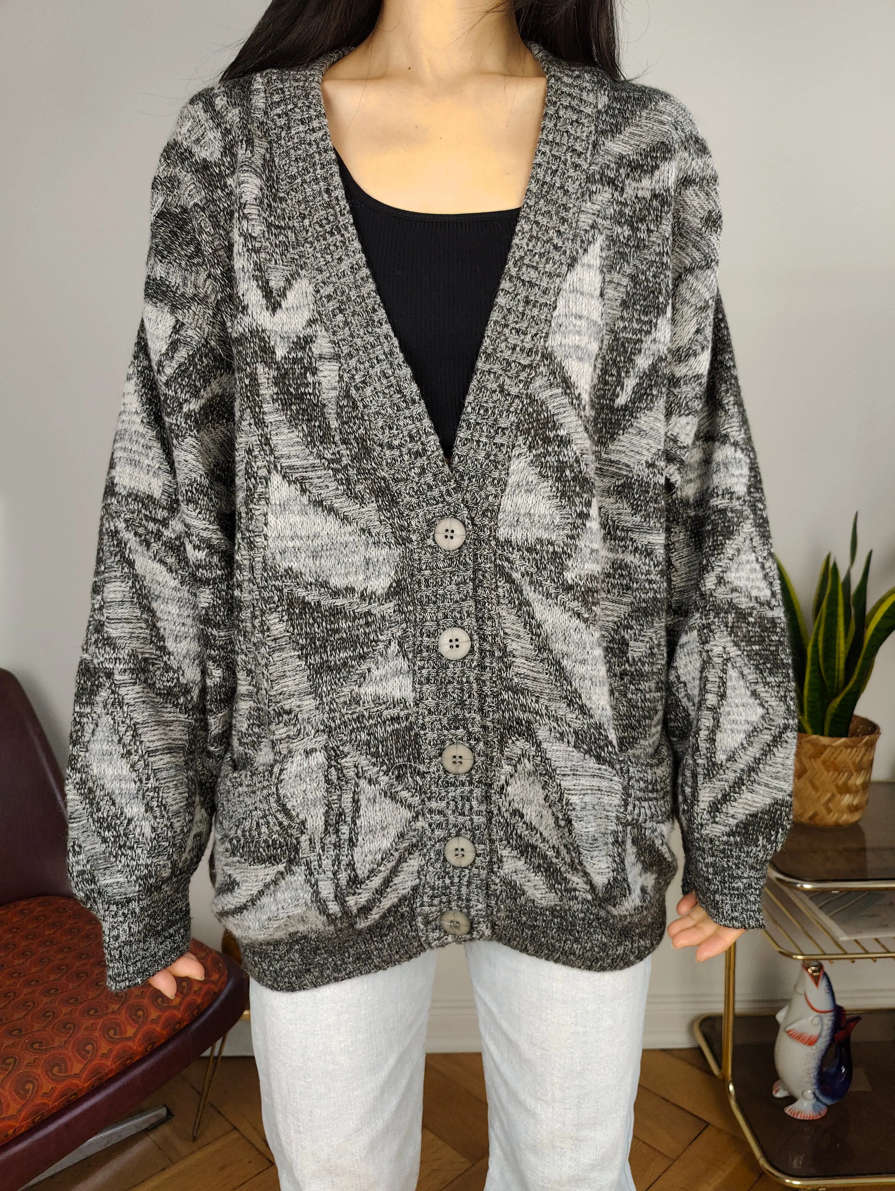 Vintage wool cardigan L XL | grey pattern knit knitted jacket women unisex men
