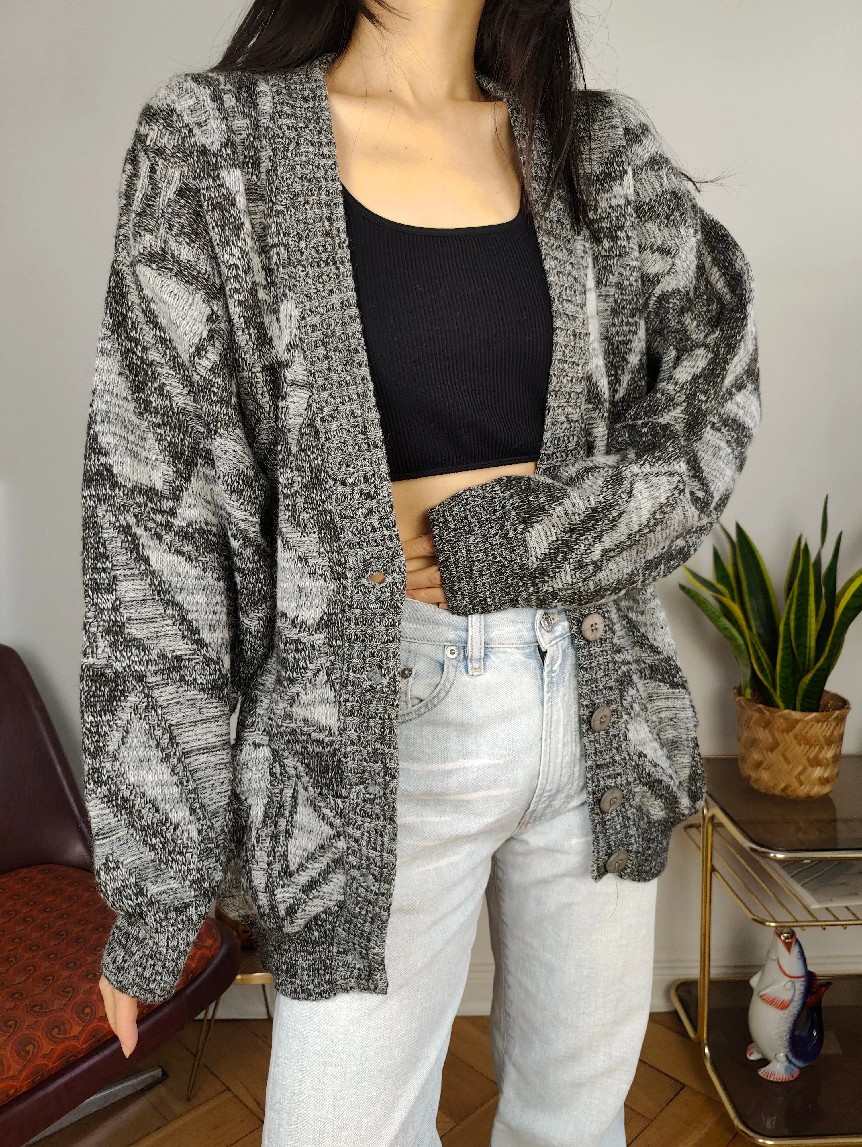 Vintage wool cardigan L XL | grey pattern knit knitted jacket women unisex men
