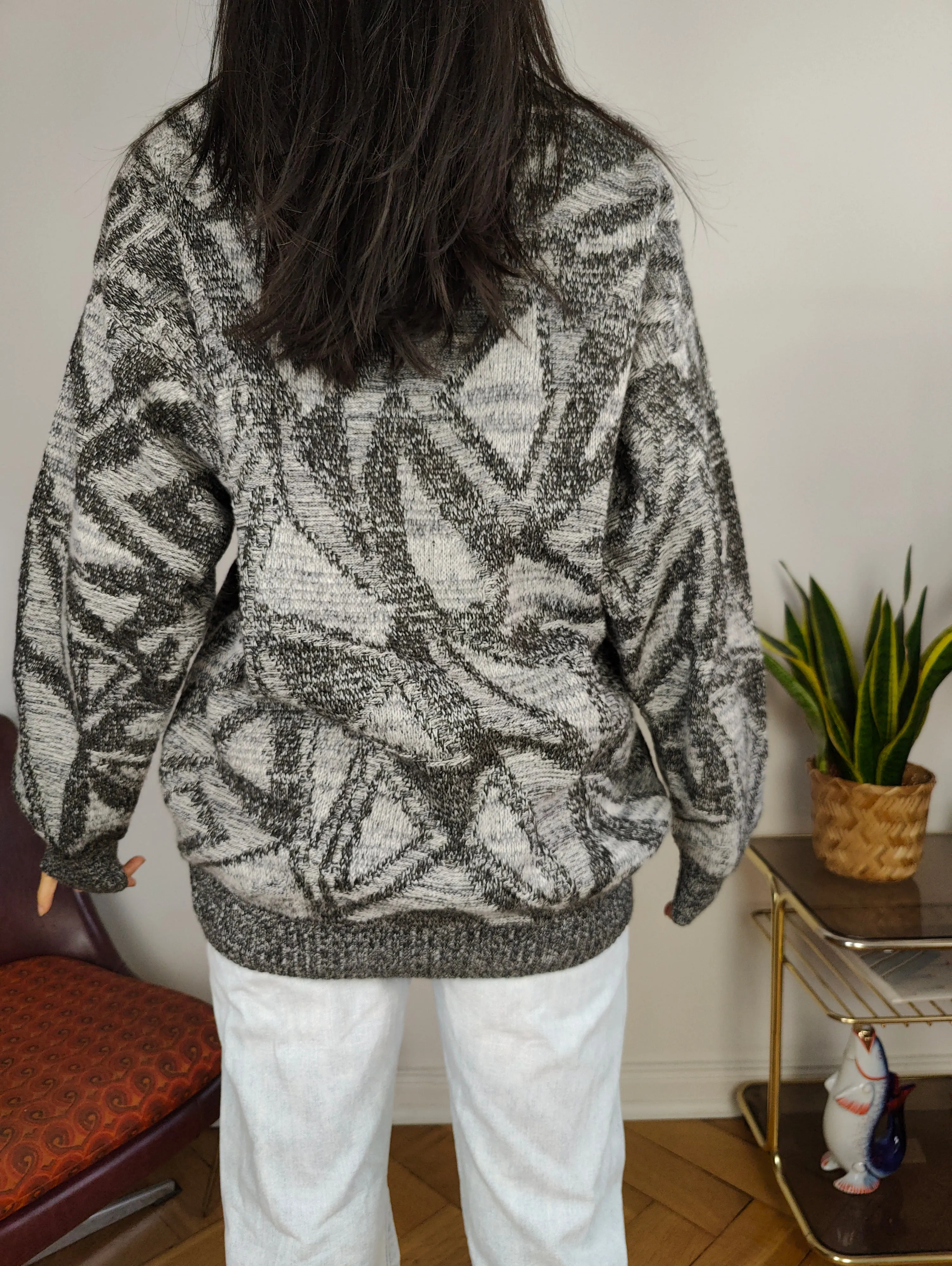 Vintage wool cardigan L XL | grey pattern knit knitted jacket women unisex men