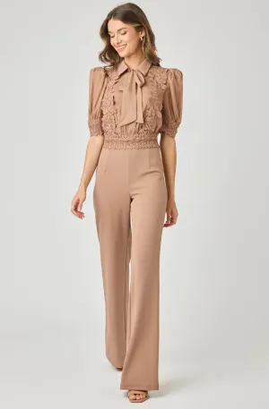 Wide Leg Jumpsuit with Sheer Chiffon with Lace Embroidery Bodice