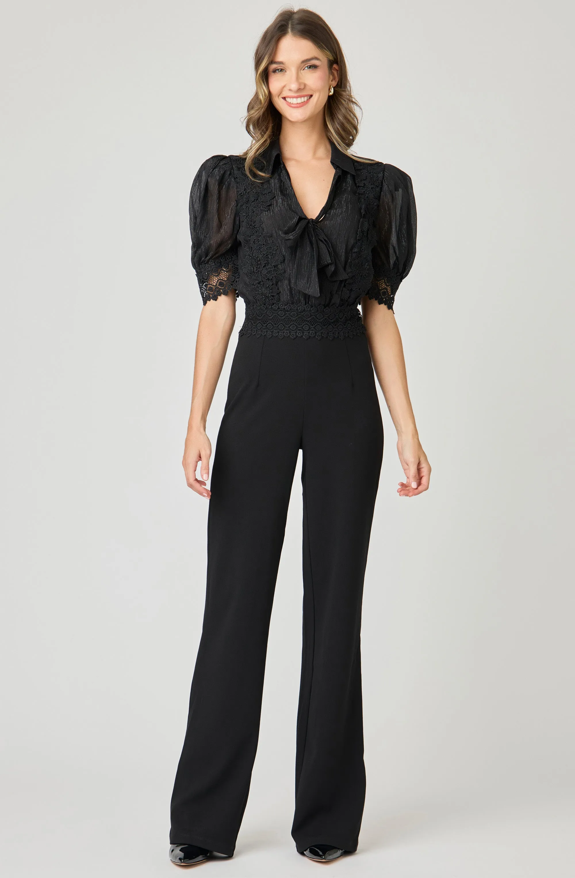 Wide Leg Jumpsuit with Sheer Chiffon with Lace Embroidery Bodice