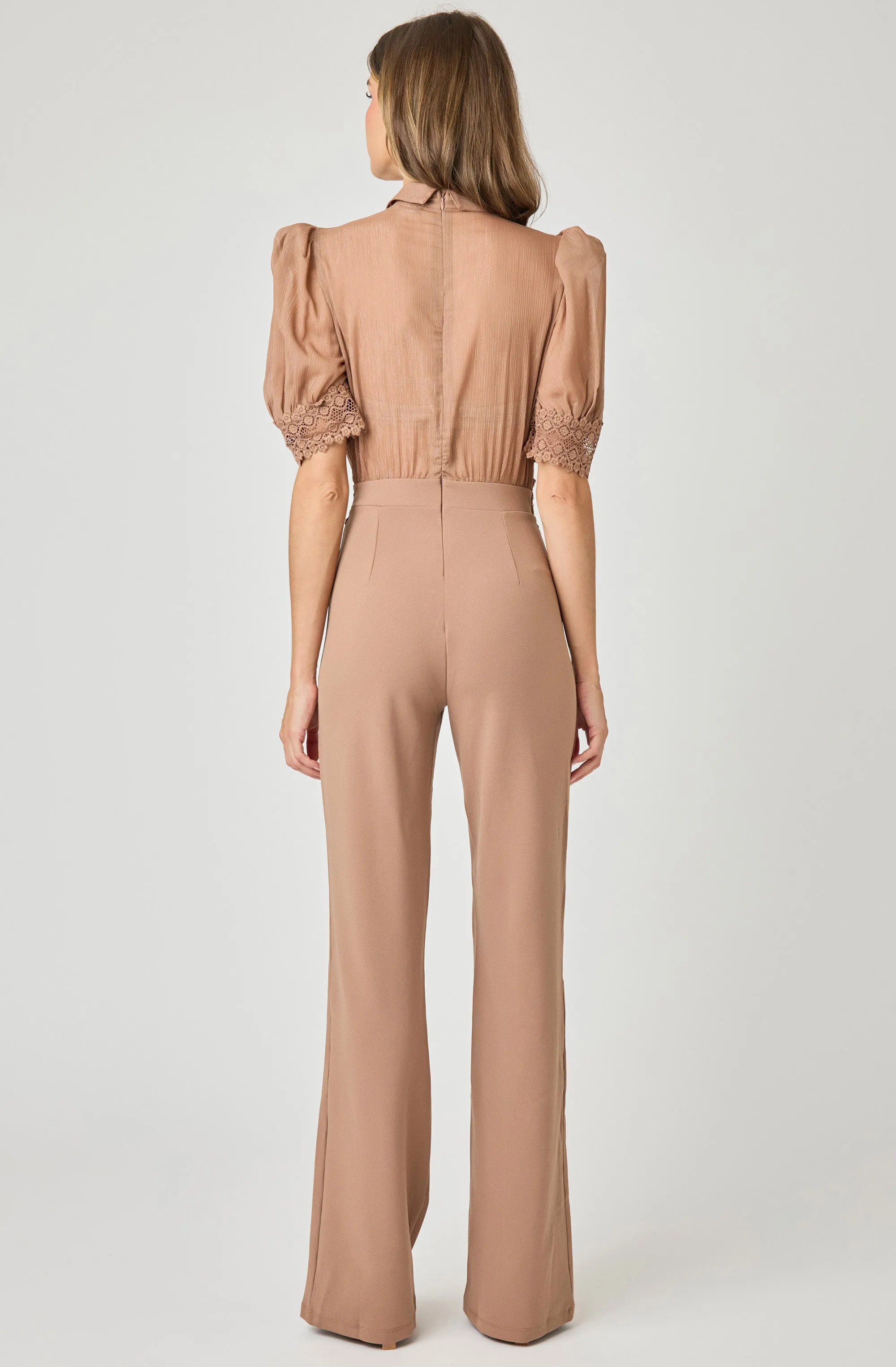 Wide Leg Jumpsuit with Sheer Chiffon with Lace Embroidery Bodice