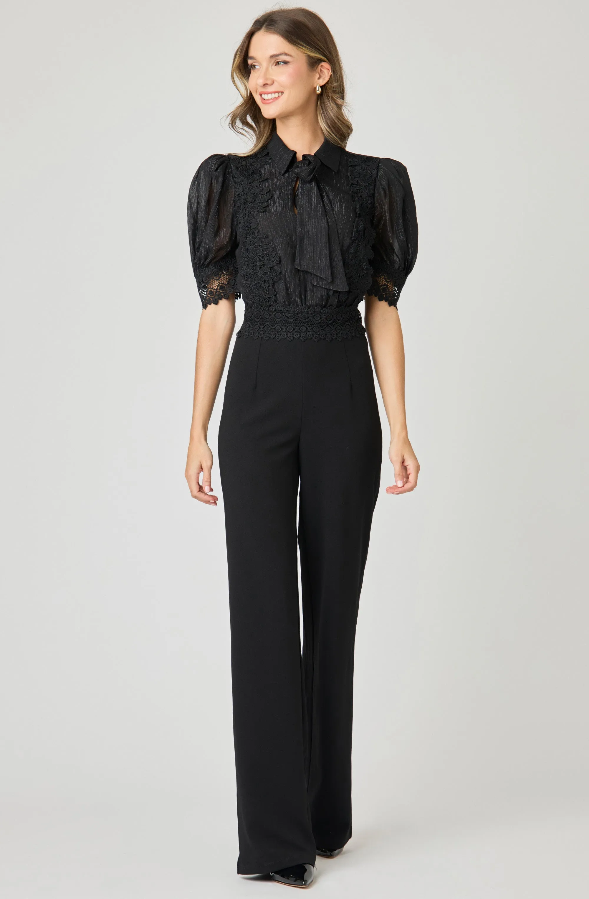 Wide Leg Jumpsuit with Sheer Chiffon with Lace Embroidery Bodice
