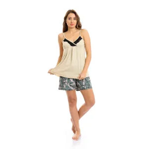 Women Deep V-Neck Long Top & Shorts Pajama Set - Beige & Olive