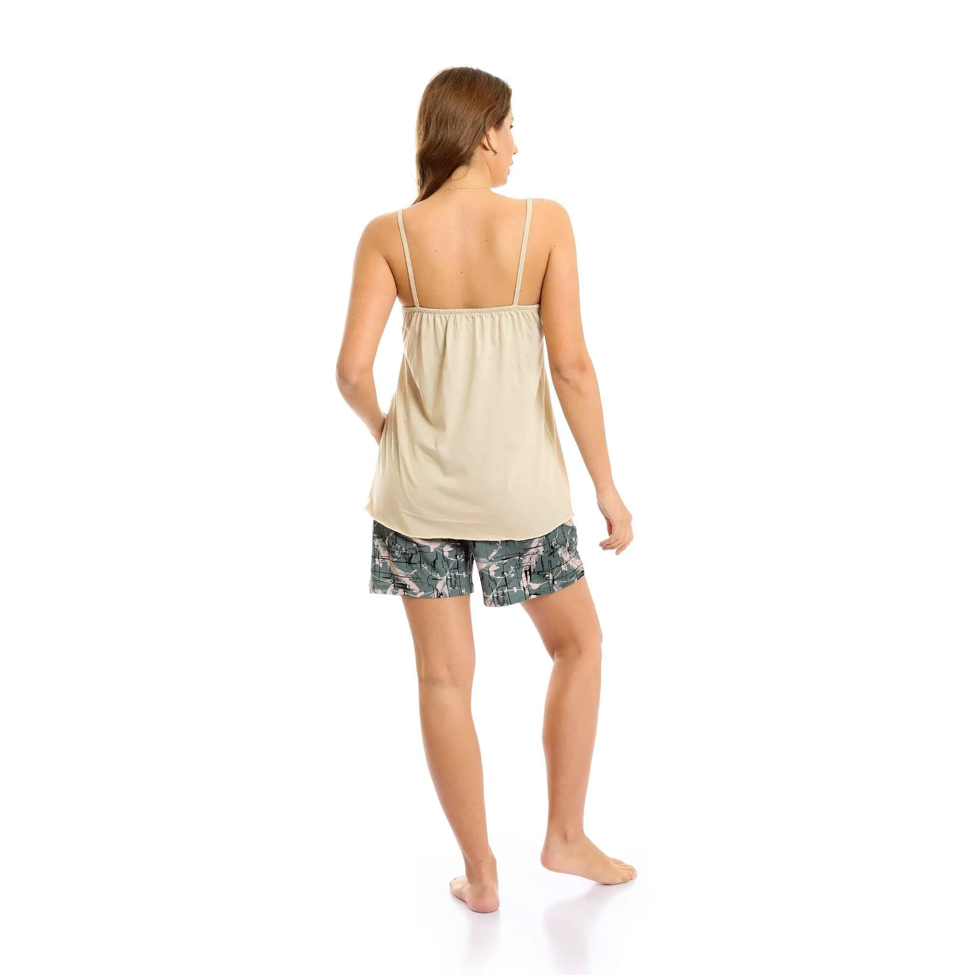 Women Deep V-Neck Long Top & Shorts Pajama Set - Beige & Olive