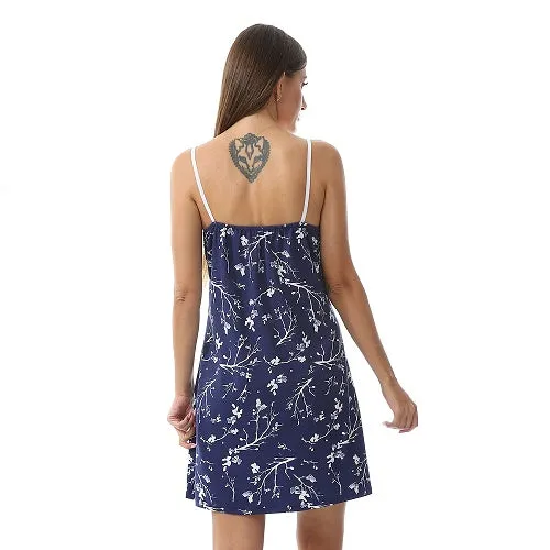 Women's Deep V-Neck Patterned Slip On Nightgown - Navy