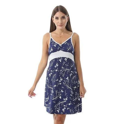Women's Deep V-Neck Patterned Slip On Nightgown - Navy