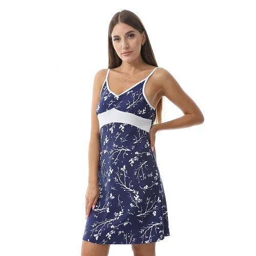 Women's Deep V-Neck Patterned Slip On Nightgown - Navy