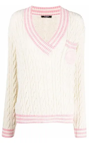 Wool-Blend Cable Knit Sweater With Patch