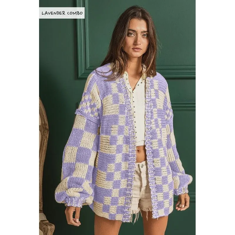 Wyatt Checkered Knit Cardigan-Lavender