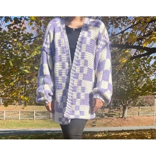 Wyatt Checkered Knit Cardigan-Lavender