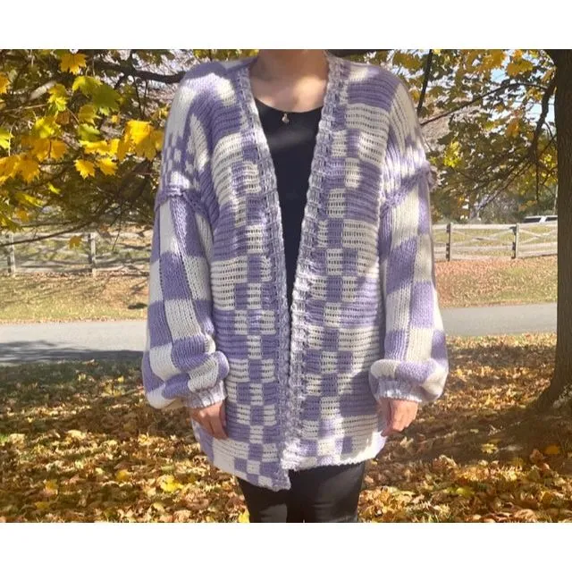 Wyatt Checkered Knit Cardigan-Lavender